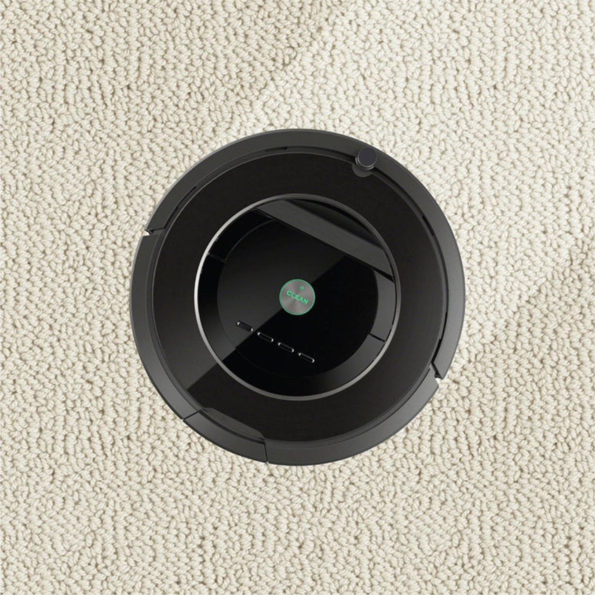 Black robot vacuum cleaning beige plush carpet.