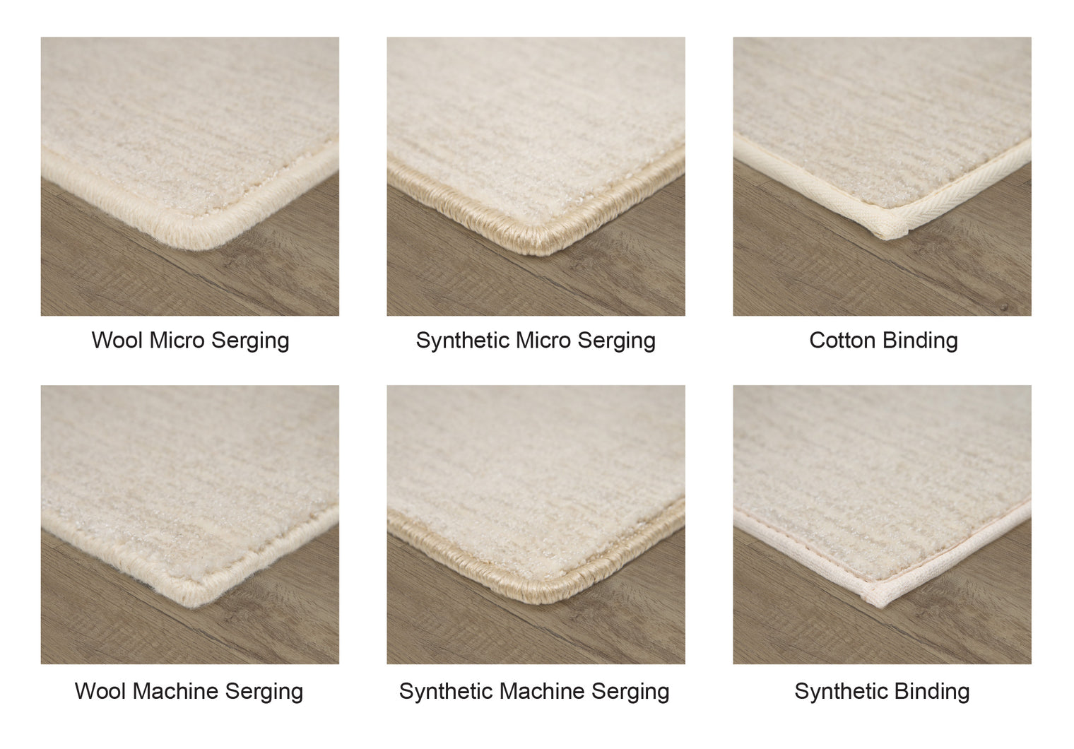 Six carpet edge finishing options showing serging and binding.
