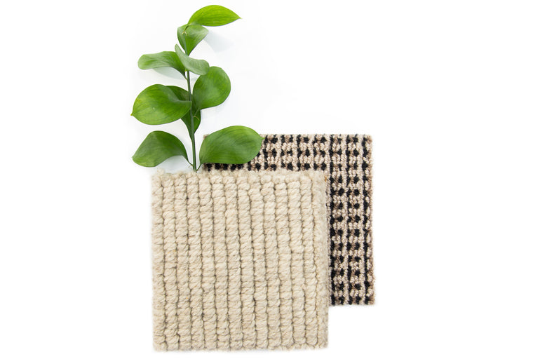 Carpet samples with green leaf: Two carpet swatches featuring textured and patterned designs paired with a green stem.