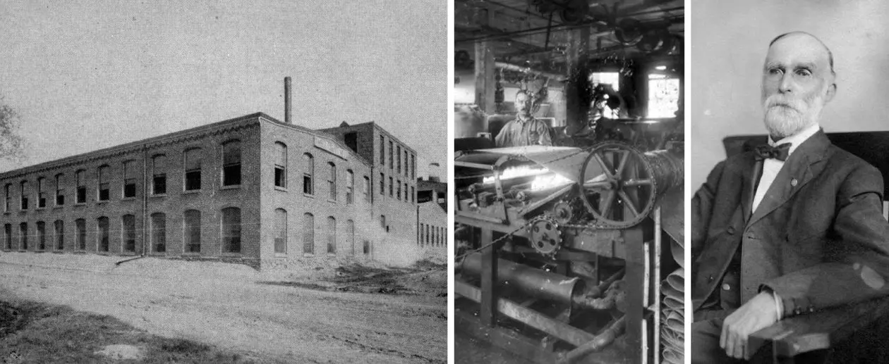 Early Masland mill and founder collage: Black-and-white collage featuring an early brick mill building, factory machinery, and a portrait of founder C.H. Masland.
