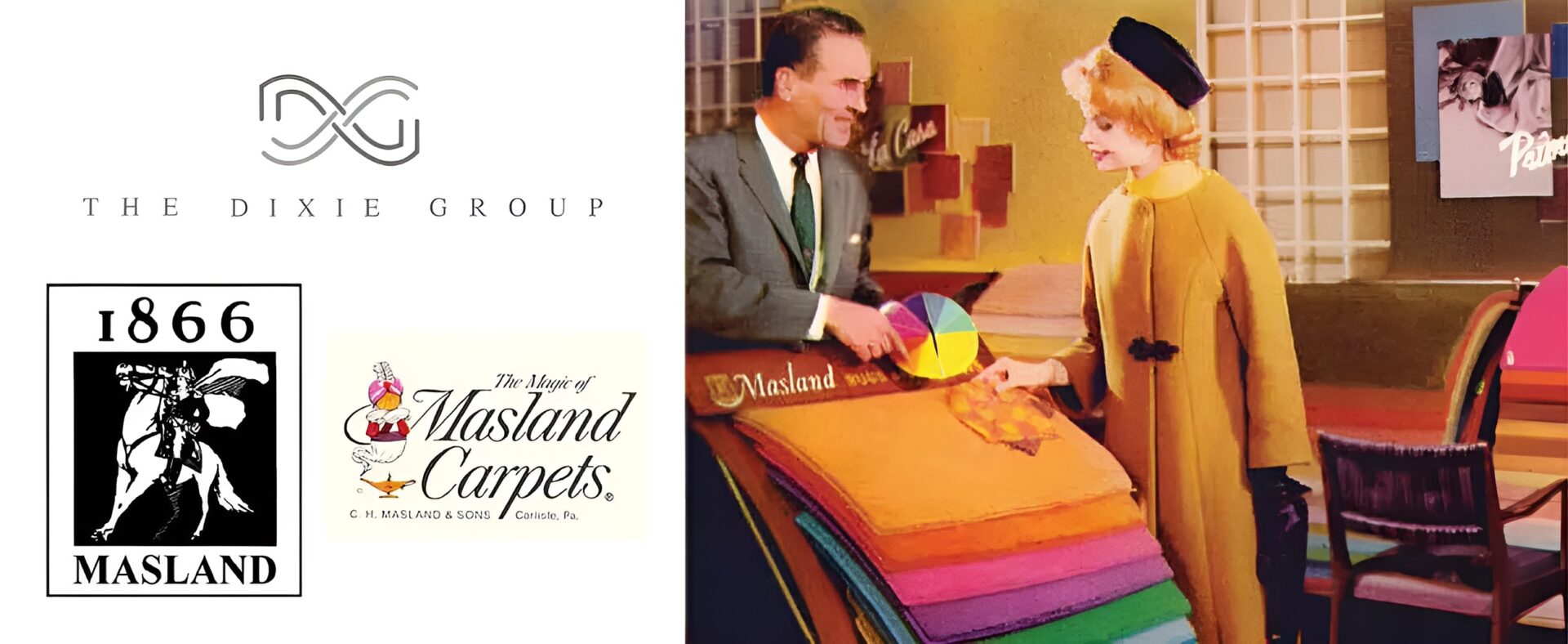 intage Masland branding and customer showroom: Vintage Masland logos alongside a man presenting colorful carpet samples to a woman.