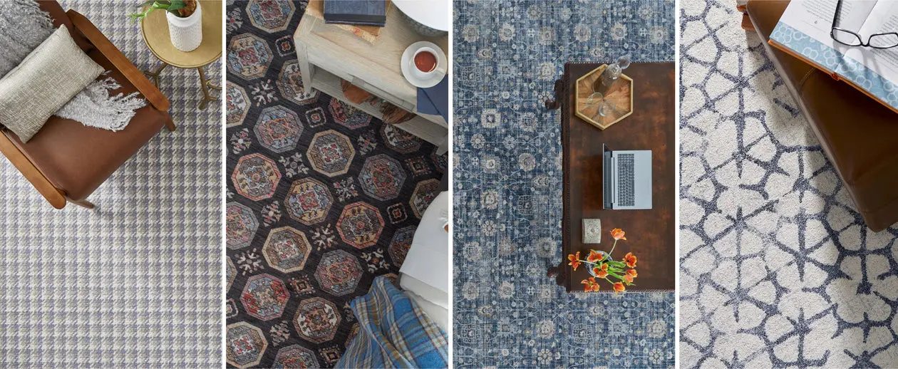 Modern interior rug overhead views: Four top-down views showcasing styled rooms with patterned modern area rugs.